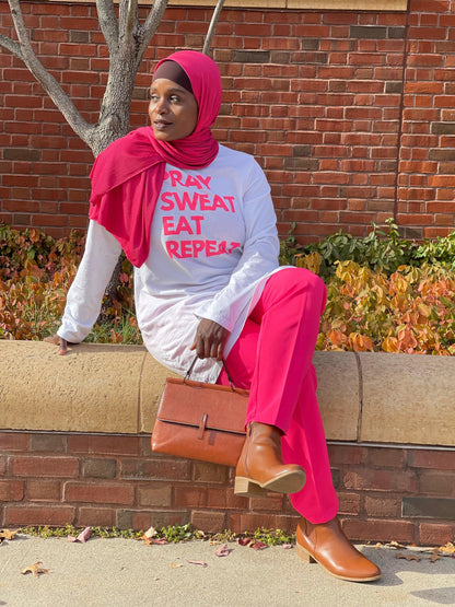 "Pray Sweat Eat" Modest T-Shirt [Pink on White] - Betta Health And Wellness