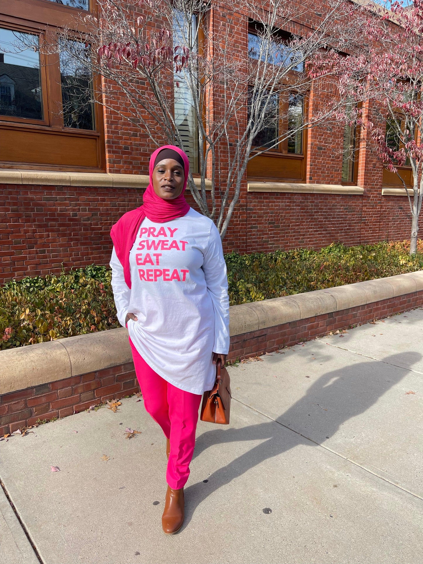 "Pray Sweat Eat" Modest T-Shirt [Pink on White] - Betta Health And Wellness